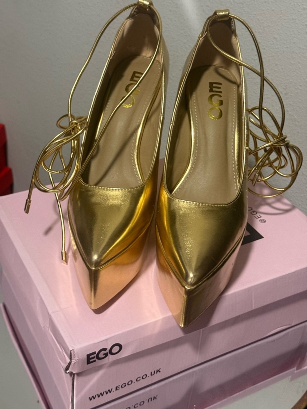 EGO Gold Pointed Platform Lace-Up Heels